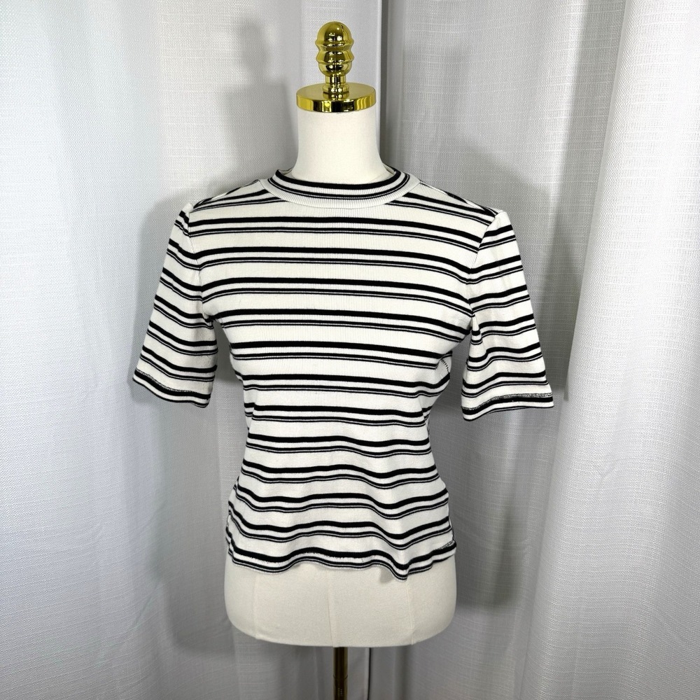 Anthropologie Maeve Womens Small Pullover Top Black White Striped Short Sleeve
